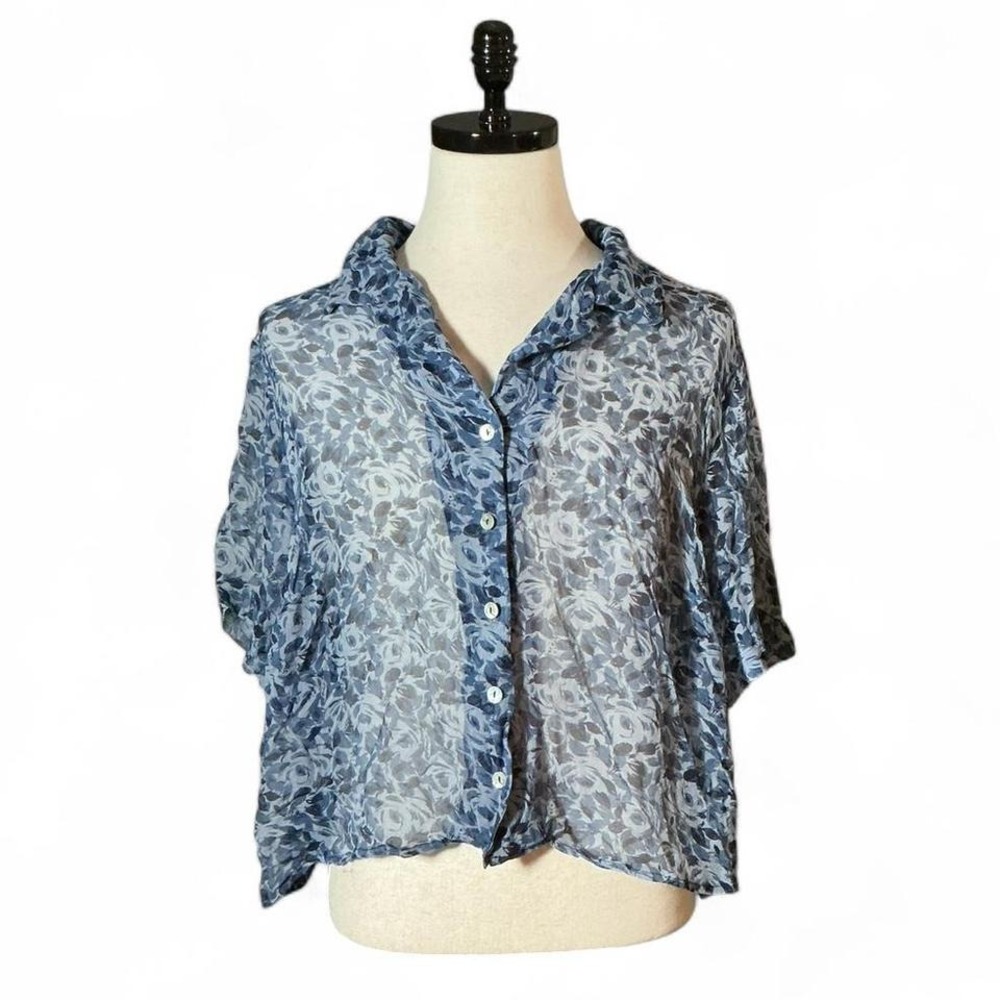 Robbie Bee Woman 22W Blue‎ Floral Silk Short Sleeve Button Up Shirt Top